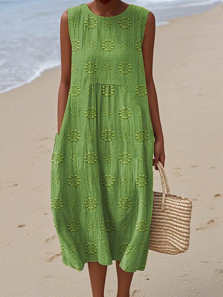 Elegant Sleeveless Cotton Pocket Dress
